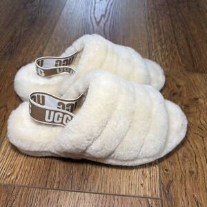 UGG Fluff Yeah Slide Natural White Sheepskin Elastic Strap Slippers Cozy Sz 6